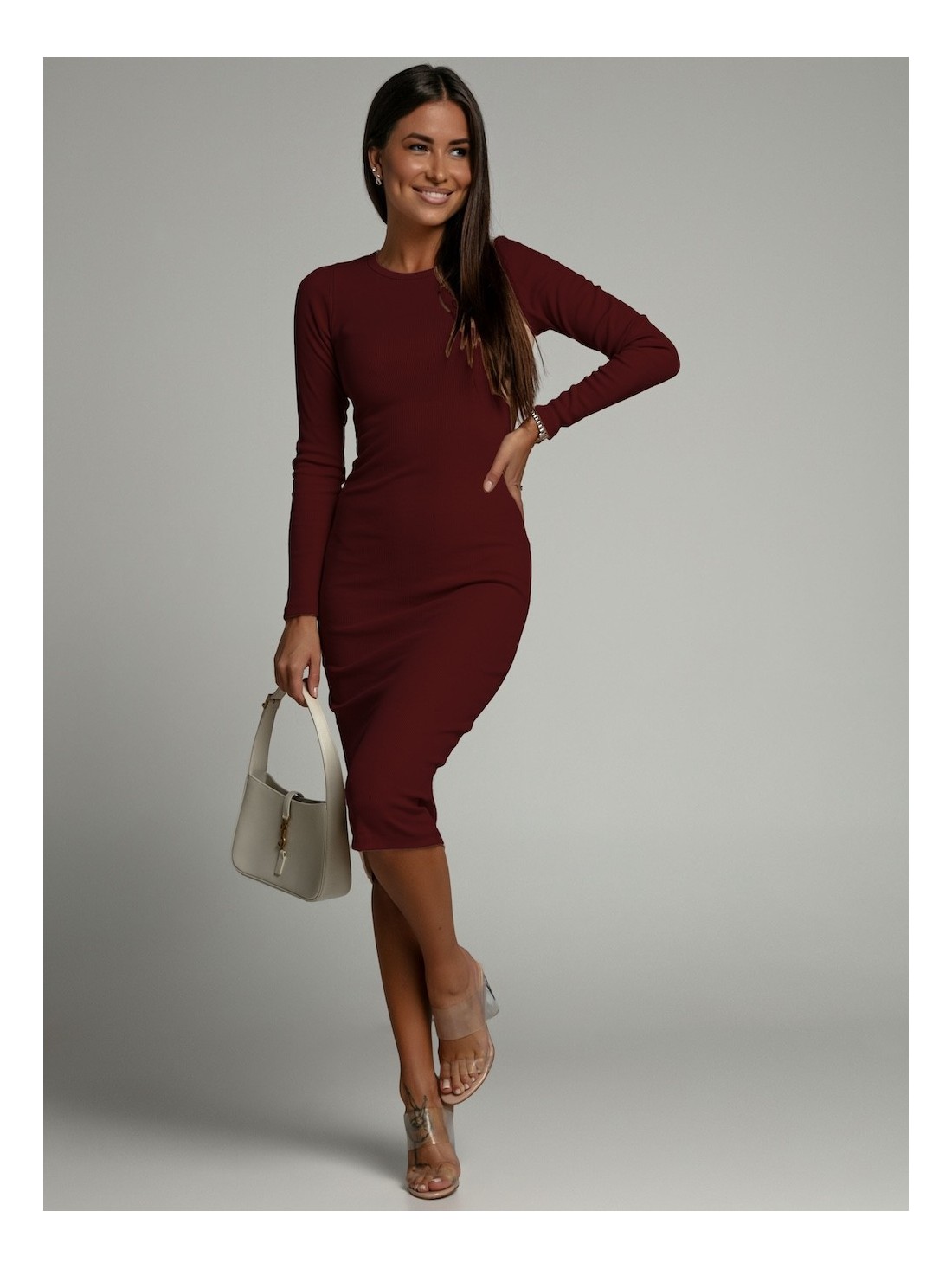 Basic striped dress with long sleeves, burgundy FG548 - Online store - Boutique